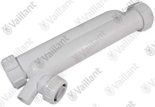 Vaillant Siphon mit Anschlüssen, aus Kunststoff, mit zwei seitlichen Anschlüssen und einem Deckel.